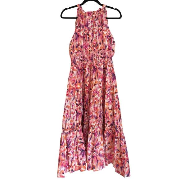 Cece Printed Tie Back Smocked Waist Midi Dress size M, Pink Orange | NEW $129 - Picture 3 of 5